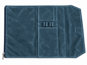 Studio Case waxed canvas pencil case in Glacier, open flat showing interior pen loops and card pocket