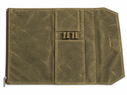 Studio Case waxed canvas pencil case in Spruce, open flat showing interior pen loops and card pocket