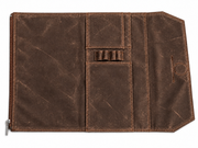 Studio Case waxed canvas pencil case in Timber, open flat showing interior pen loops and card pocket