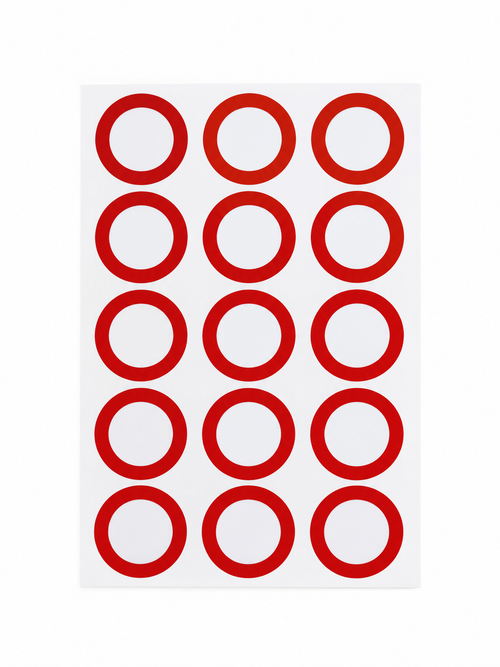 Sheet of Campfire DOT page tags, red adhesive tracking stickers for DOT notebook pages